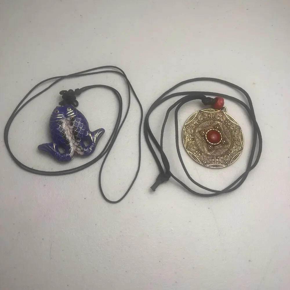 Cloisonne Twin Fish Pendant Medallion Red Stone Blue Gold Enamel Tribal Necklace